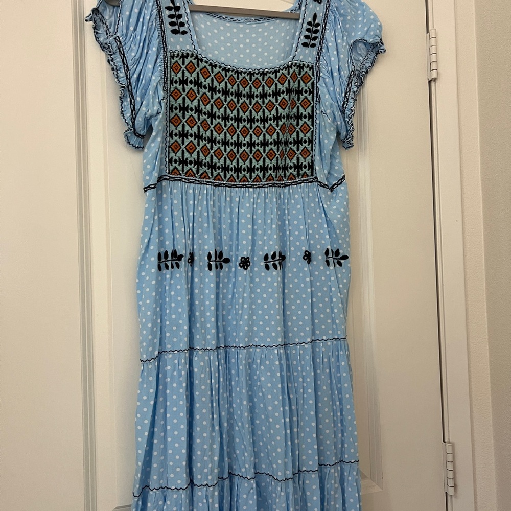 Light Blue Polka Dot Embroidered Tiered Women's Dress made in Mexico